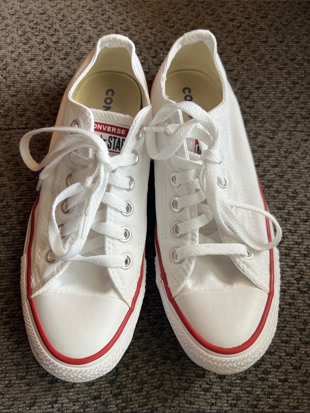 Converse White Low Top Sneakers with Red and Navy Stripe Sz. 7.5 womens - Picture 2 of 8